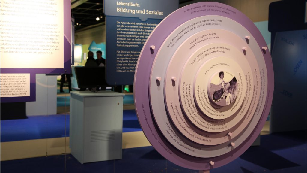 A round information board about Maria Elisabeth on the MS Wissenschaft