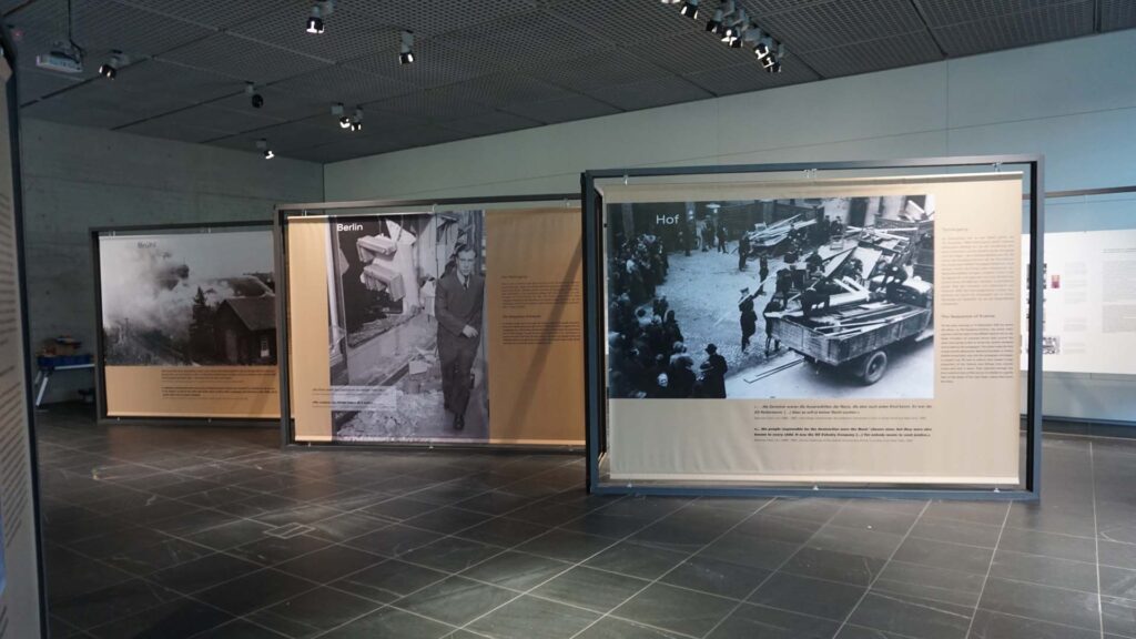 Topography of Terror exhibition panels suspended within a steel framework