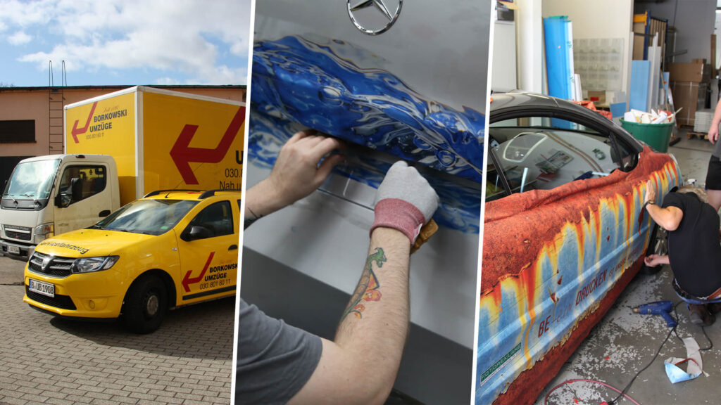 Fotocollage aus 3 Bildern. Links Borkowski PKW und Laster. Mitte Folie wird auf Kofferraumklappe geklebt. Rechts Folierung von Fotoreklame Peugeot